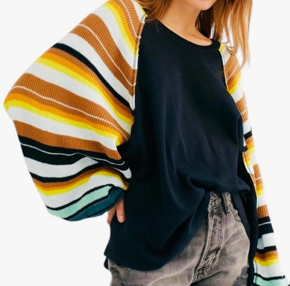 We the Free People Rainbow Dreams Balloon Sleeve Waffle Knit Sweater Size Large